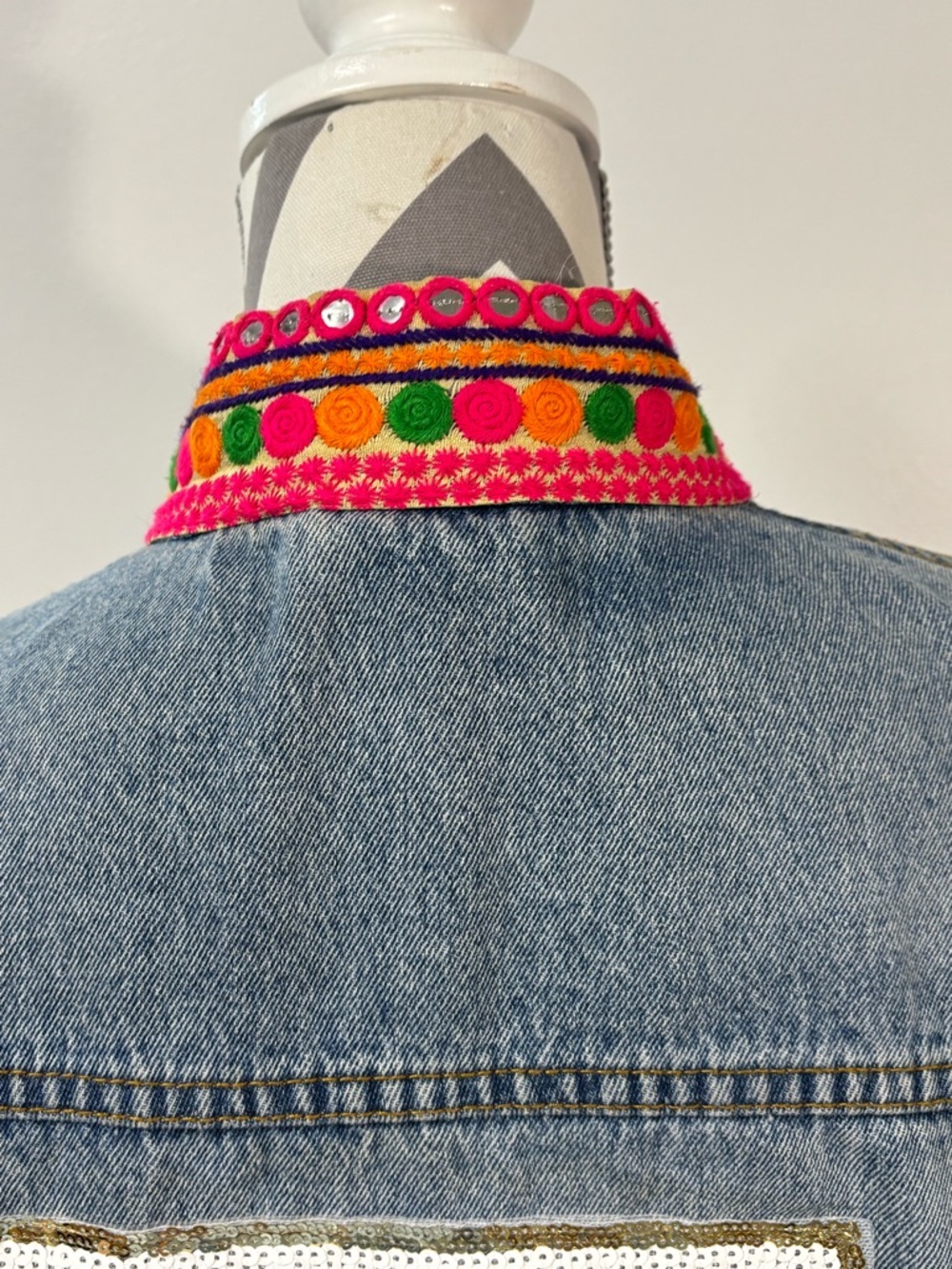 Mary Marshmallow Jean Jacket Large First Rule No Rules Sequin Patch Distressed - Picture 4 of 8